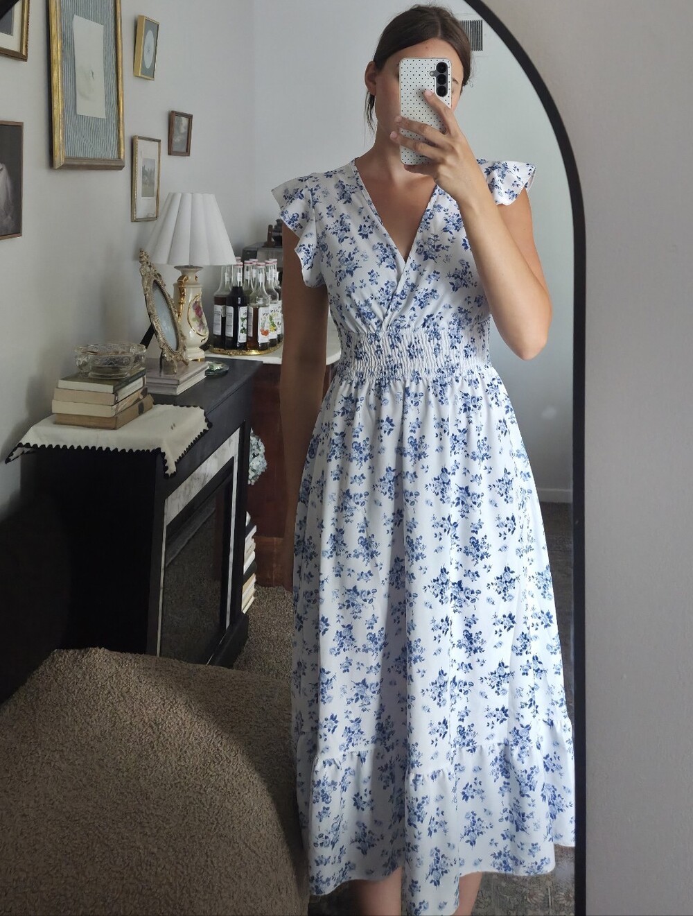 White and Blue Floral Ruffle Sleeve Midi Dress